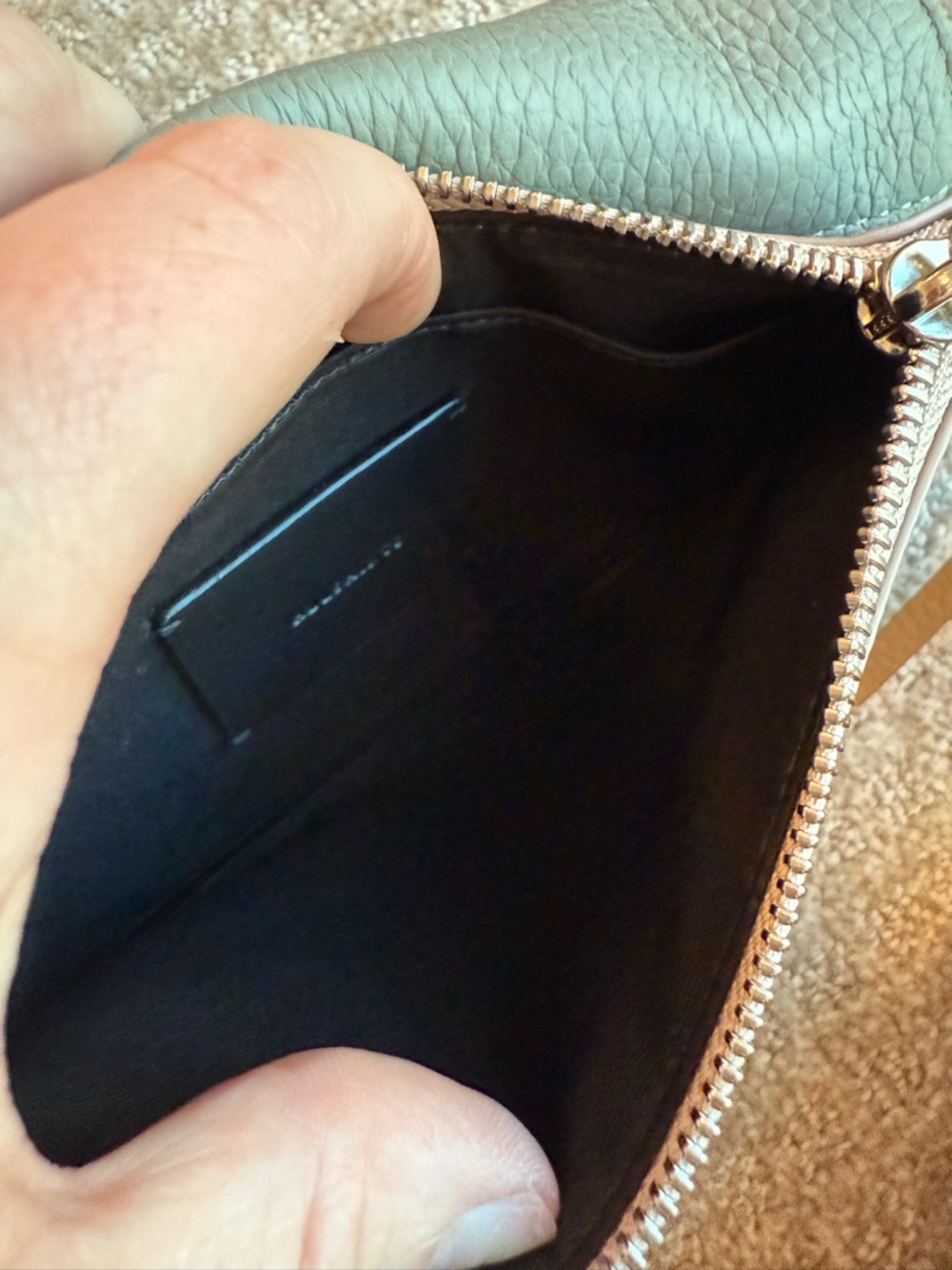 AllSaints Sage Green Pebbled Leather “Fetch” Crossbody Bag with Chain Strap - Picture 9 of 12